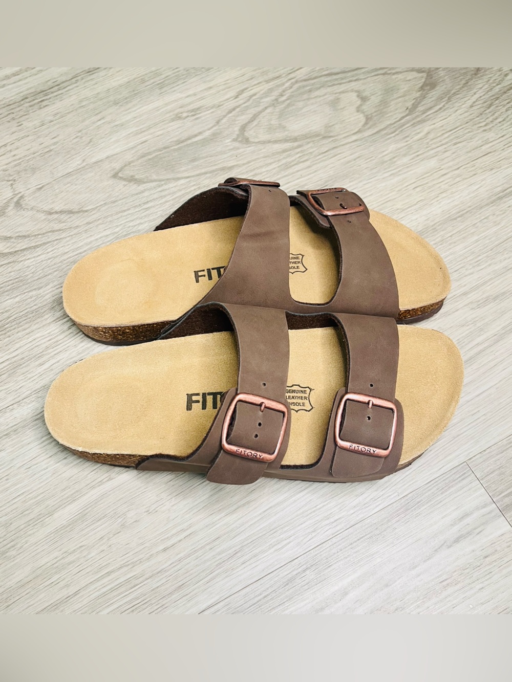Fitory Sandals Mens Size 10 Brown Slide Adjustable Buckle Leather Comfort Casual